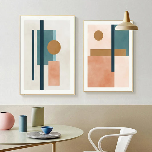 Watercolor/Geometric Beige & Blue Wall Prints