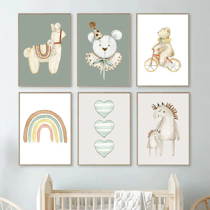 Beige & Green Animals Kids Wall Prints