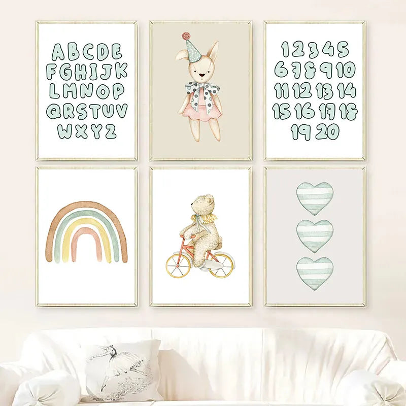 Beige & Green Animals Kids Wall Prints