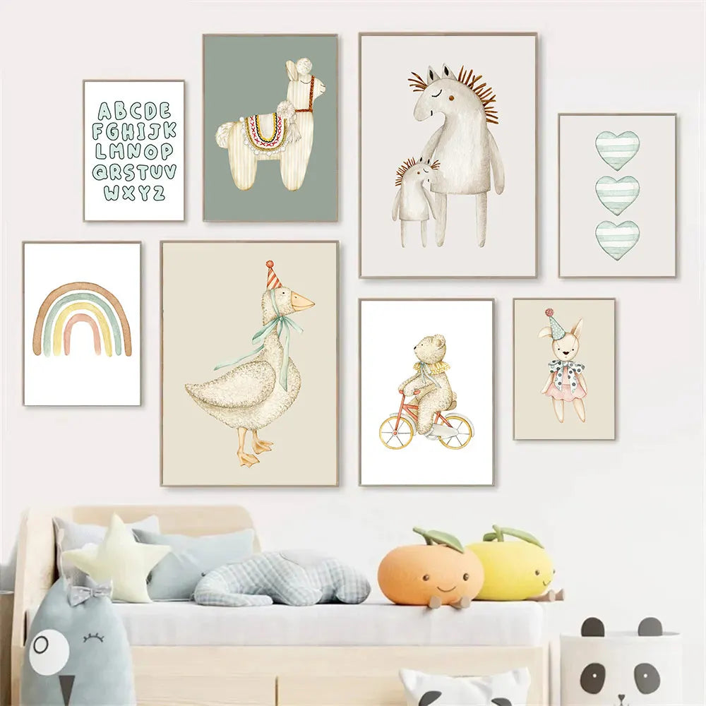 Beige & Green Animals Kids Wall Prints