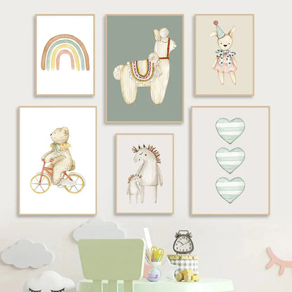 Beige & Green Animals Kids Wall Prints