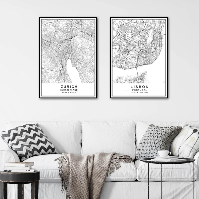 Lisbon & Zurich City Map Wall Prints